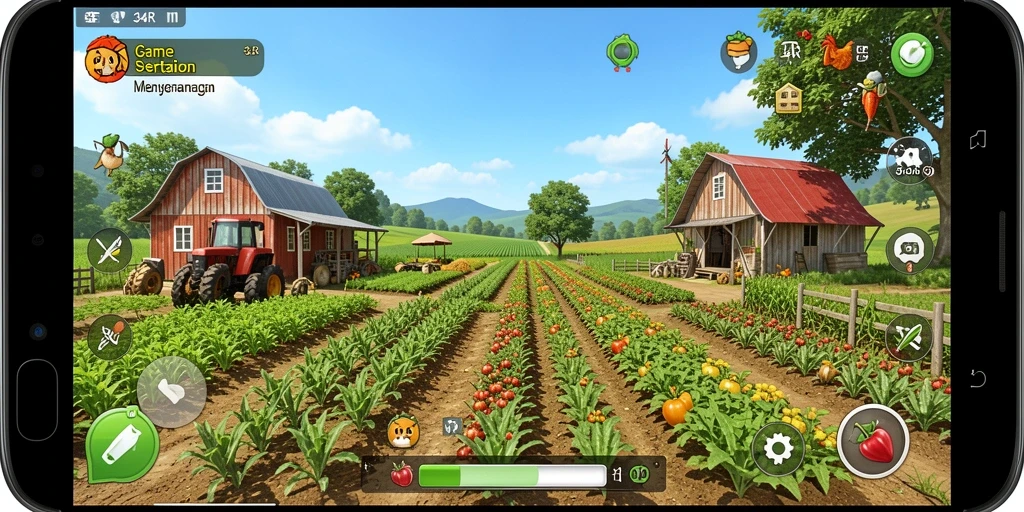 Screenshot gameplay 34R menampilkan suasana kebun yang indah dan aktivitas pertanian.