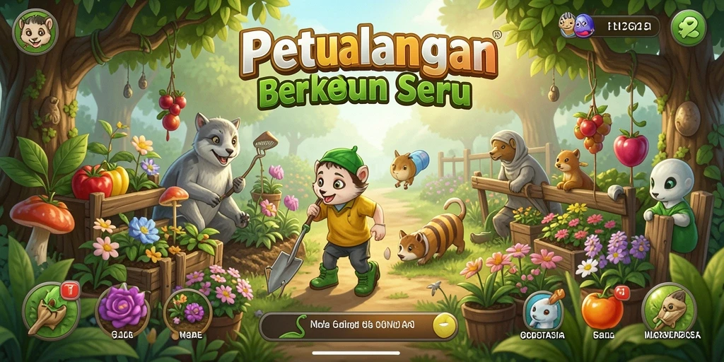 Screenshot utama <strong>GOBETASIA</strong> menampilkan pemain saat berkebun dengan tanaman subur.