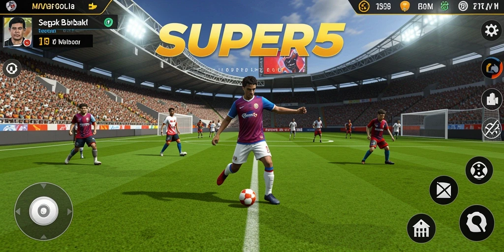 Tampilan gameplay SUPER5 dengan aksi sepak bola yang mendebarkan.