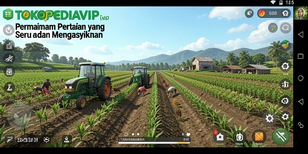Screenshot gameplay TOKOPEDIAVIP yang menunjukkan aktivitas bertani dan beternak.